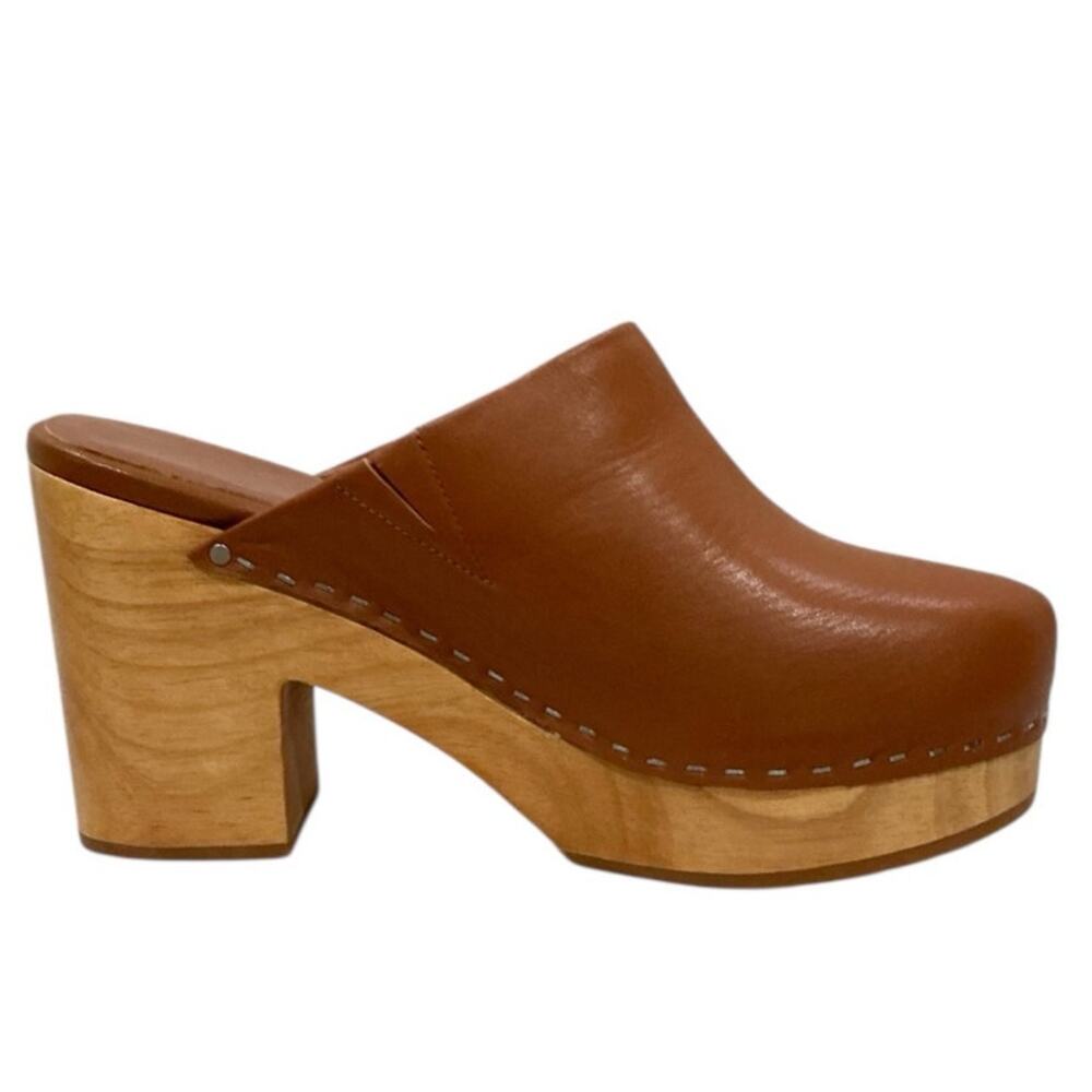 Charlotte Stone Marlo Chunky Wooden Platform Mule Clog Leather Luggage Brown 8 - Picture 4 of 13